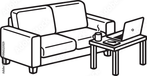 Living room sofa with laptop on table outline minimal vector graphic.