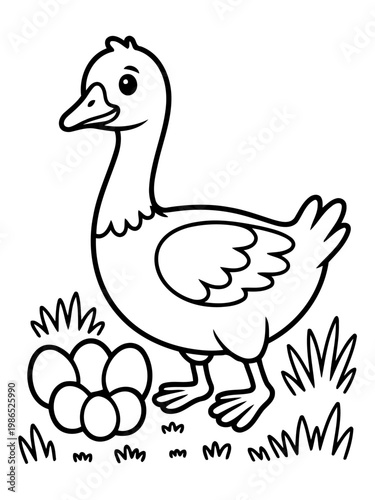 Cartoon Duck with Eggs: A charming cartoon duck stands proudly beside a clutch of eggs, embodying the simplicity and wonder of nature's bounty.