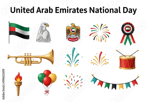 United Arab Emirates National Day vector illustration set with national symbols