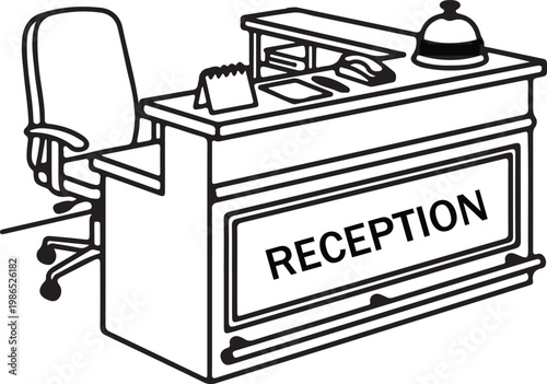 Reception desk with chair and bell vector illustration office entrance.