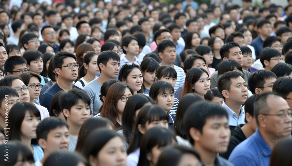 Obraz premium Collective Observation: A multitude of individuals, representing a diverse array of backgrounds and expressions, gathers, each lost in their own thoughts, observing a shared focus.