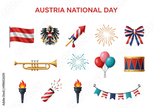 Austria National Day vector illustration icons celebrating with fireworks, flags, and musical instruments