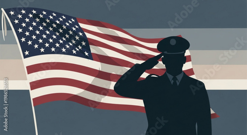 American soldier saluting with usa flag patriotism and national pride concept silhouette illustration