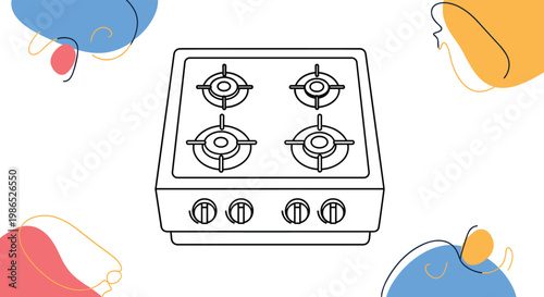 Line art drawing of a modern four burner gas stove top isolated on a white background with abstract shapes for kitchen decor.