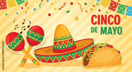 Vibrant cinco de mayo celebration with sombrero tacos maracas and festive decorations on yellow background