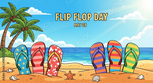 Colorful flip flops on a sunny beach with palm trees and seashells flip flop day may 28