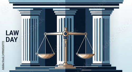 Law day illustration with scales of justice in front of a courthouse symbolizing justice and equality