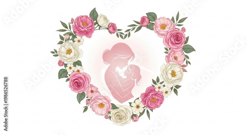 Mother and child love heart surrounded by flowers