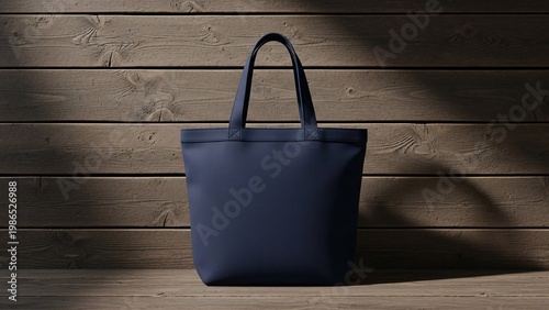 Elegant navy blue tote bag made from durable material perfect for everyday use and stylish shopping trips on a rustic wooden background for versatile fashion accessory