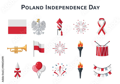 Poland Independence Day vector icon set with national symbols and celebration elements