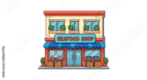 A charming two-story seafood shop vector illustration featuring a blue awning, fresh fish crates, and lovely potted plants on the windowsills.