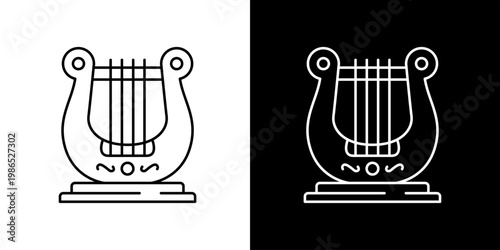 Elegant line art icon illustration of a lyre on contrasting backgrounds - a classic symbol of music and poetry