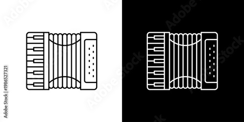 Clean minimalist line art icon depicting a traditional accordion, a popular musical instrument for folk melodies, concerts, and vibrant cultural celebrations on a dual background design