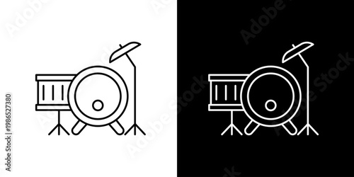 Simple outline icon of a drum set on a white and black background