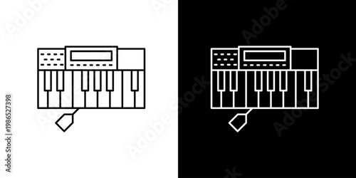 Minimalist line icon of an electronic music synthesizer or digital piano keyboard, representing musical instruments, sound production, and creative audio technology
