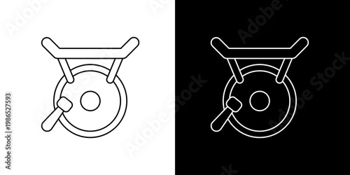 Percussion instrument gong with mallet icon illustration, representing music and culture, in black and white outline style