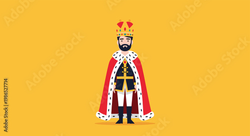 Regal king character wearing a crown and a long red ermine trimmed cape standing against a solid orange background in a flat vector style.