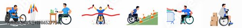Illustration set showing various stages of a wheelchair marathon, including starting the race, staying hydrated, crossing the finish line, and winning a medal.