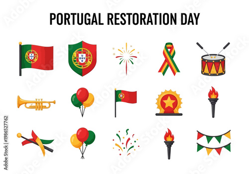 Portugal Restoration Day vector icons celebrating national pride with flag, trumpet, and fireworks