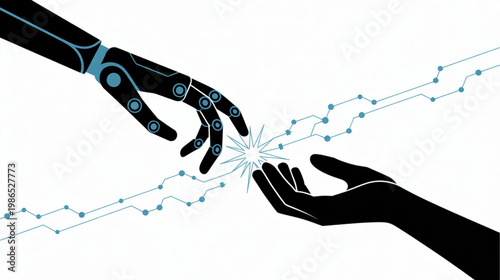 Robot hand touching human hand, technology and humanity connection, futuristic interface, innovation concept, artificial intelligence collaboration isolated on Transparent Background