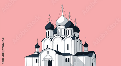 Traditional Russian orthodox church with multiple black domes and white walls against a soft pink background in a clean architectural style.