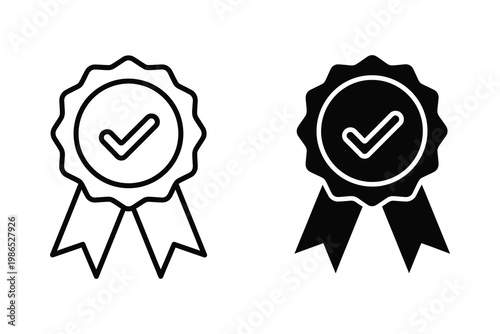 Award ribbon with checkmark icon in line art and silhouette vector illustration