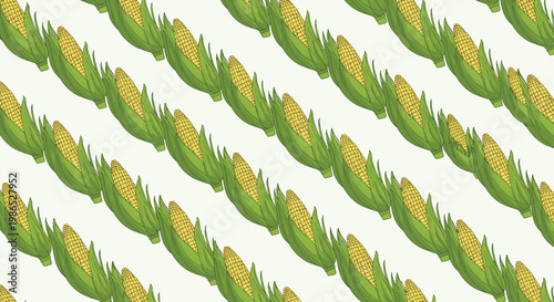 Repeating diagonal rows of corn cobs with green leaves in a seamless pattern design on a light cream background for food and farm themes.
