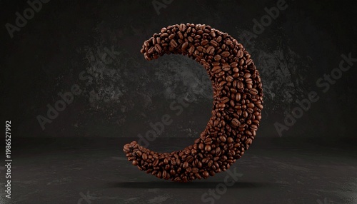3D golden coffee bean crescent moon icon on dark smoky background