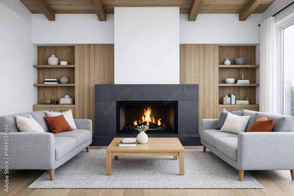 Obraz premium Modern livingroom with fireplace interior design.