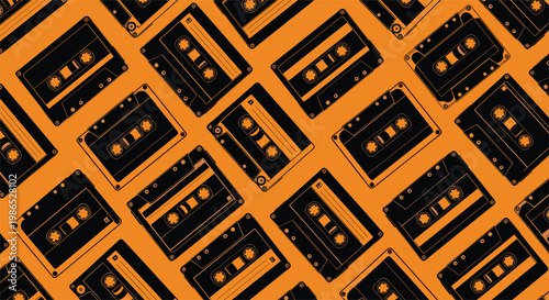 Retro music cassette tapes arranged in a diagonal repeating pattern on a vibrant orange background capturing a nostalgic analog audio feel.