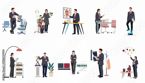 Set of diverse healthcare professional illustrations depicting various medical and clinical scenes including doctor consultations, patient care, and administrative tasks in flat vector style.