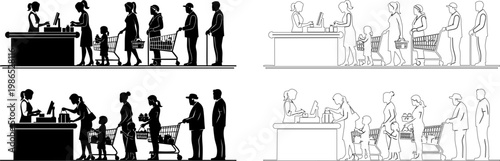 Black silhouette and outline vector graphic illustrations of diverse customers waiting in supermarket checkout queues.