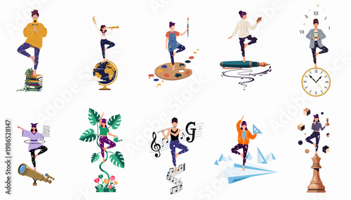 Set of illustrations featuring a woman in yoga tree pose balancing various hobbies including art, science, music, gardening, and work-life harmony.