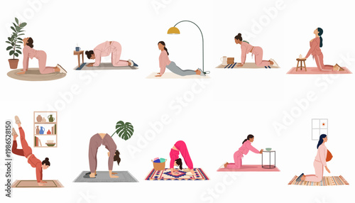 Collection of flat illustrations showing women practicing various yoga and stretching poses in a cozy indoor home setting for wellness and relaxation.