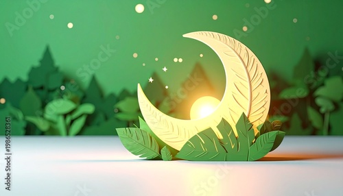 3D eco-friendly leaf lantern with glowing crescent moon in forest night scene