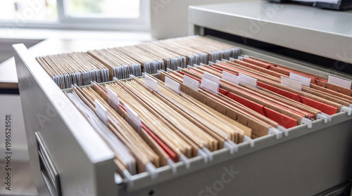 Foto Close-up view of a metal filing cabinet drawer, showcasing an organized array of business documents and brown folders