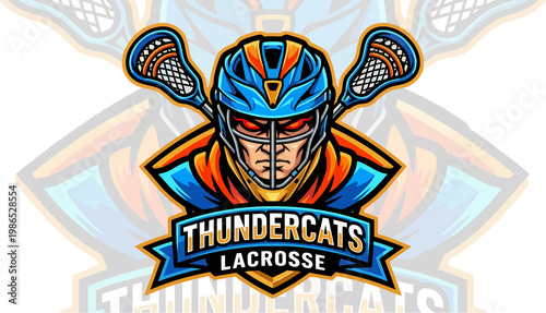 Thundercats Lacrosse Mascot Logo Illustration with Helmeted Player and Crossed Sticks on White Background for Team Sport