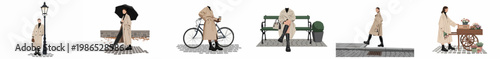 Set of flat vector illustrations featuring a fashionable woman in a beige trench coat in various urban autumn city lifestyle scenes.