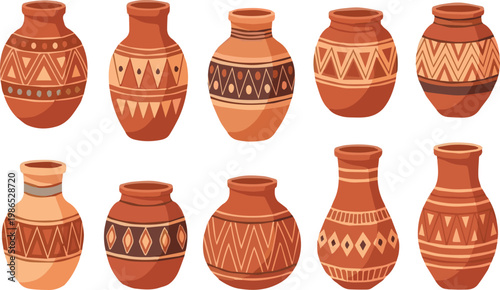 Collection of Decorative Terracotta Pottery Vases with Geometric Patterns ceramic clay