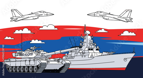 Military scene featuring a main battle tank and a large warship on water with two fighter jets flying above against a sunset sky.