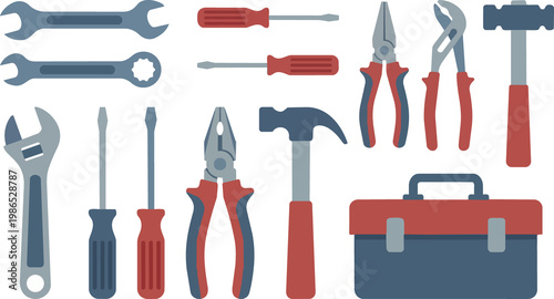 Toolkit of assorted hand tools featuring a wrench pliers screwdrivers and hammer set against a solid black background for industrial use