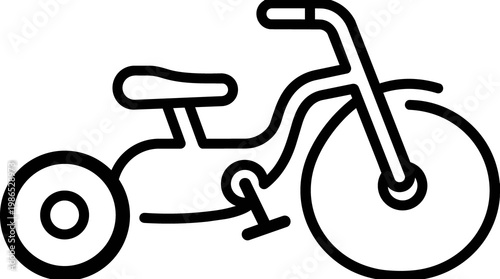 Tricycle line art illustration of a child's trike with a simple design featuring a rounded seat handlebar pedal and wheels isolated on white