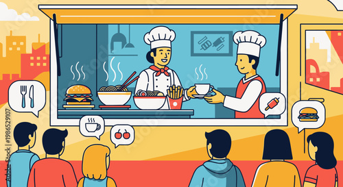 Chef and waitress serving food.