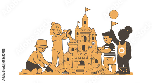 Children Building a Large Sandcastle.