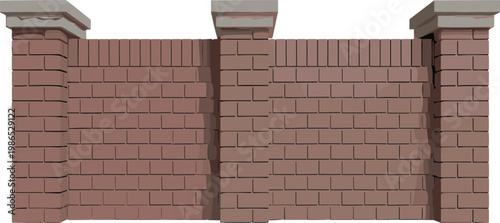 Brick wall fence with pillars, realistic masonry structure for exterior boundary vector illustration design