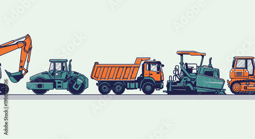 Heavy construction vehicles in a line 2.