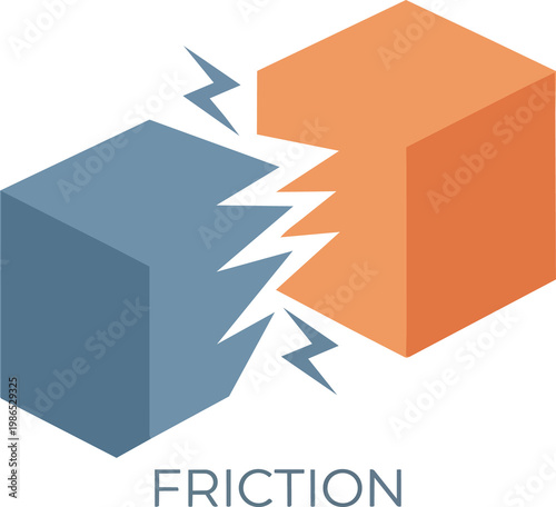 Two geometric 3D cubes colliding in digital friction; jagged edges and lightning effect; abstract modern illustration on black background