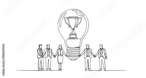 Continuous one line business team forming light bulb with trophy filament vector illustration isolated on white background