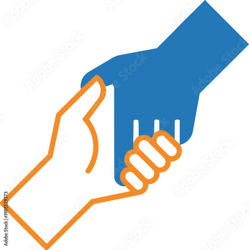 Two hands joining together in a gesture of unity and collaboration depicted in a stylized vector art with orange and blue colors