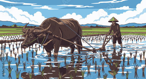 Man plowing field with brown ox.